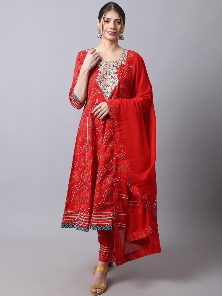 ANAISA Women Red Floral Yoke Design Panelled Gotta Patti Pure Cotton Kurta with Trousers & With Dupatta