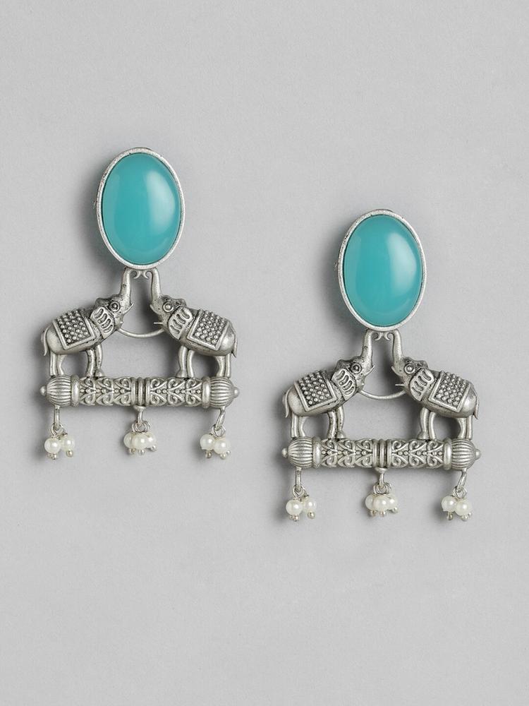 Golden Peacock Blue & Oxidised Silver-Toned Studded Elephant Shaped Studs