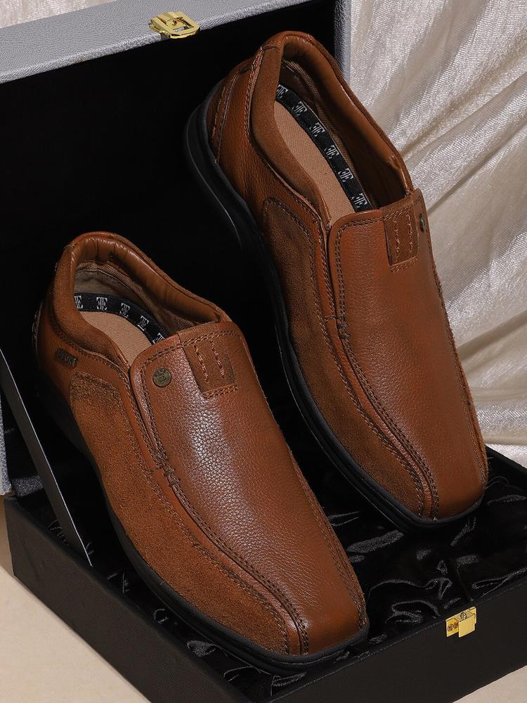 EZOK Men Tan Solid Leather Slip-On Shoes