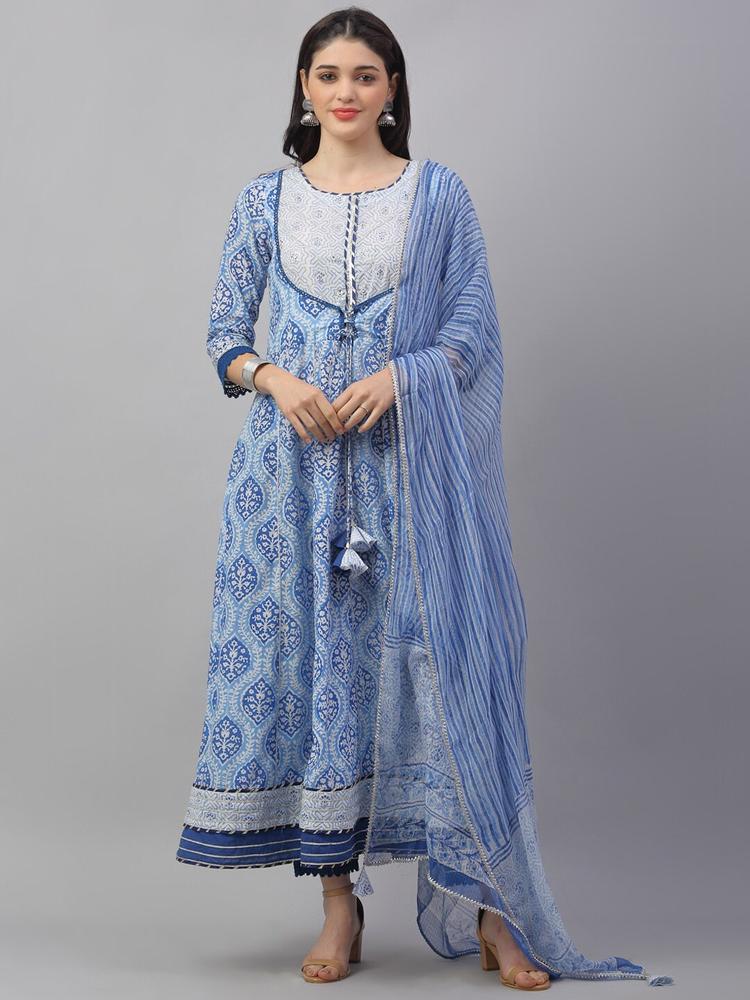 ANAISA Women Blue Ethnic Motifs Embroidered Pleated Gotta Patti Pure Cotton Kurti with Trousers & With
