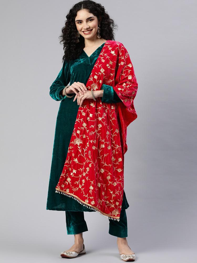SHADES Women Solid Velvet A-Line Kurta with Trousers & With Dupatta