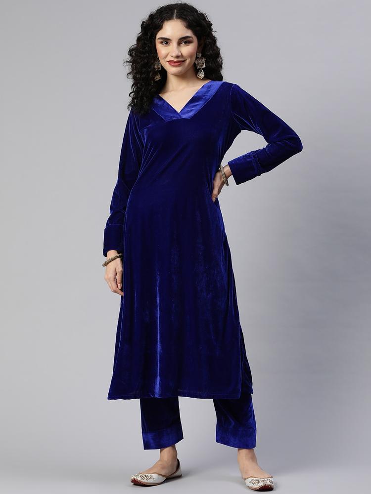 SHADES Women Navy Blue Solid Velvet A-Line Kurta with Trousers