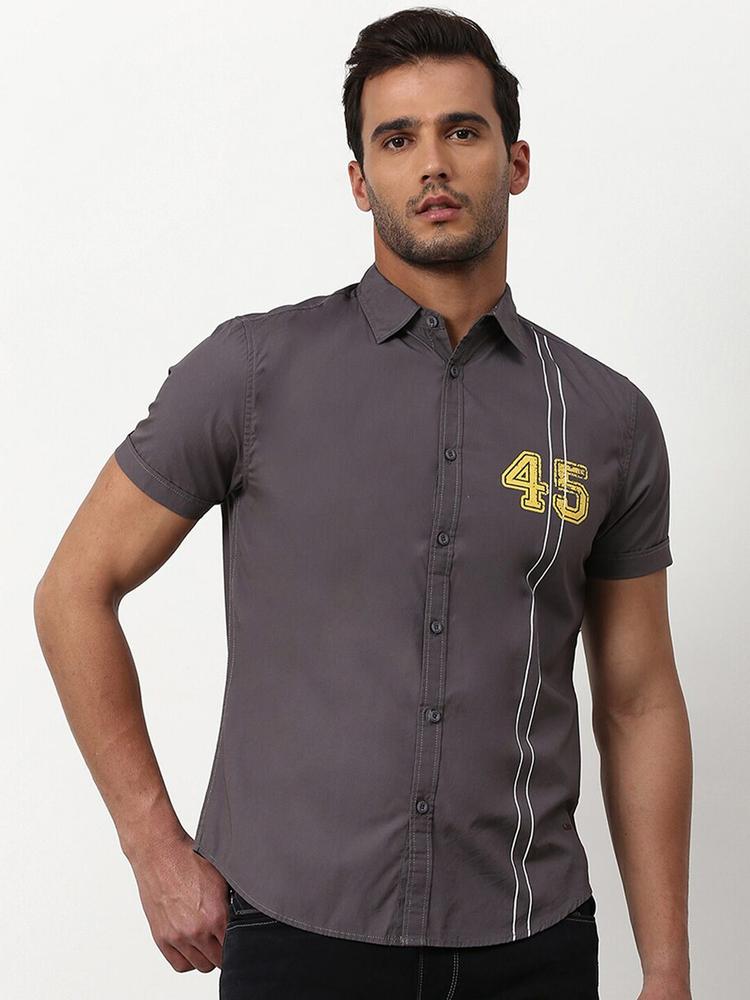 abof Men Charcoal Printed Spread Collar Regular Fit Shirt
