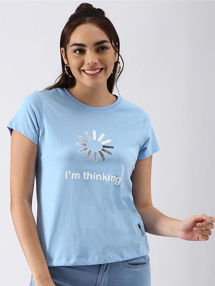 abof Women Blue Typography Printed Pure Cotton T-shirt