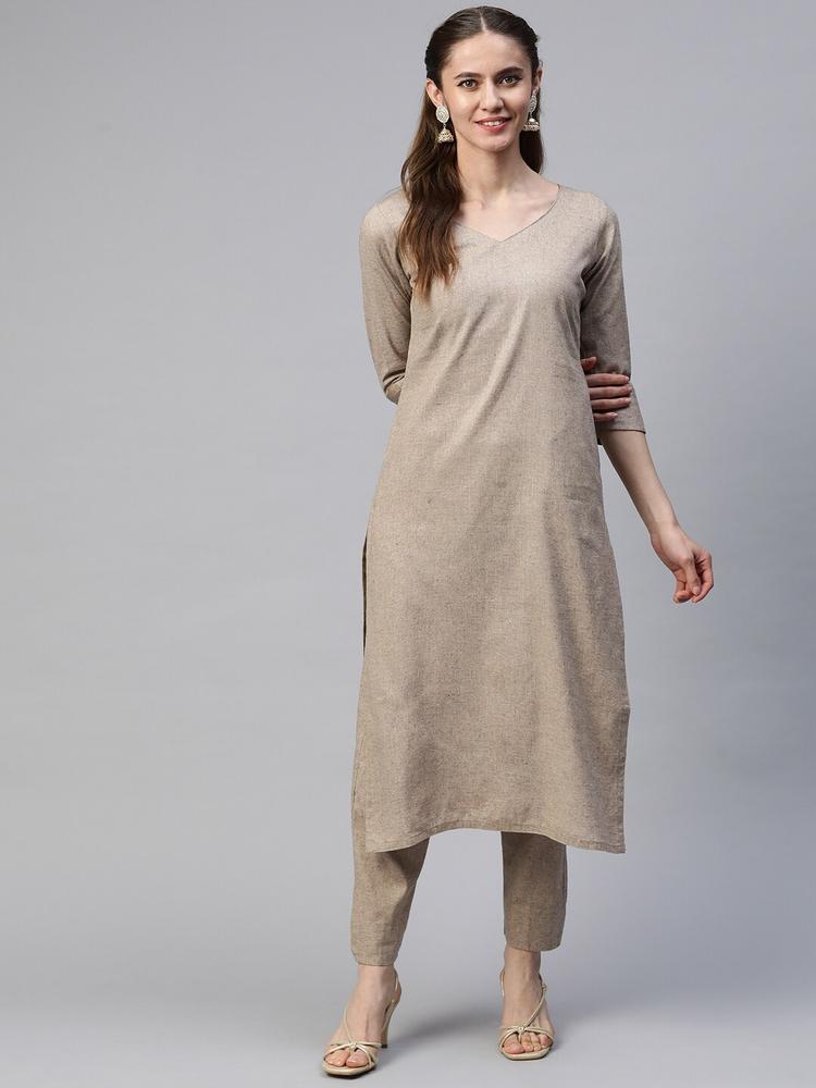 SHADES Women Brown Pure Cotton Kurta with Trousers