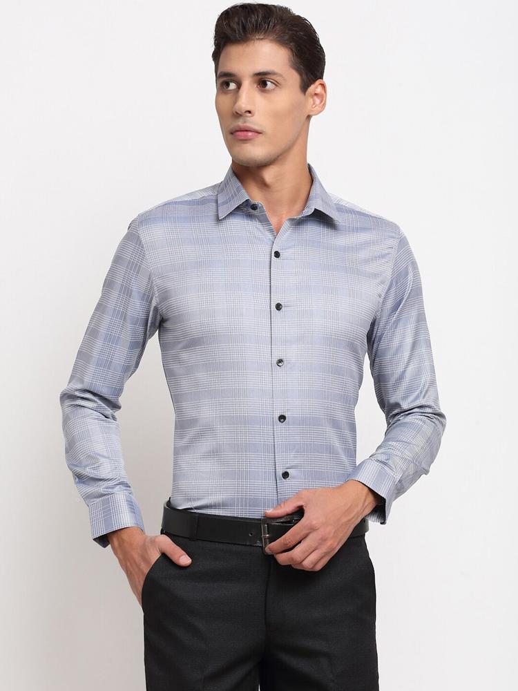 FINNOY Men Grey New Slim Fit Grid Tattersall Checks Checked Formal Shirt