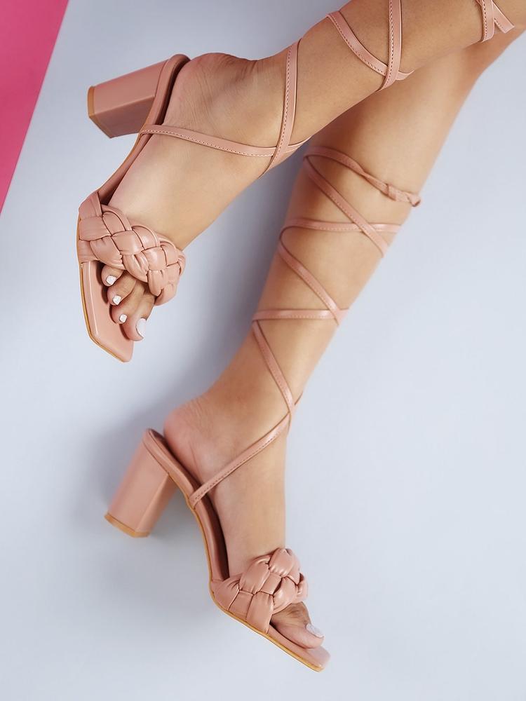 GNIST Pink High-Top Block Lace-Ups Block Heel Sandals