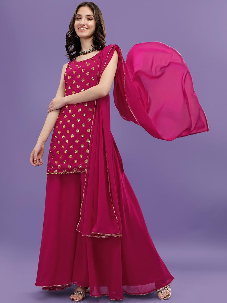 ASPORA Women Pink Printed Sequinned Silk Georgette Kurti with Sharara & With Dupatta