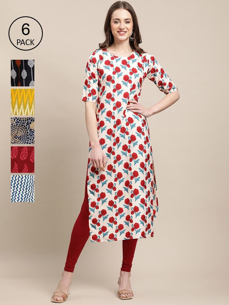 1 Stop Fashion Women Multicoloured Geometric Printed Cold-Shoulder Sleeves Block Print Crepe Kurta