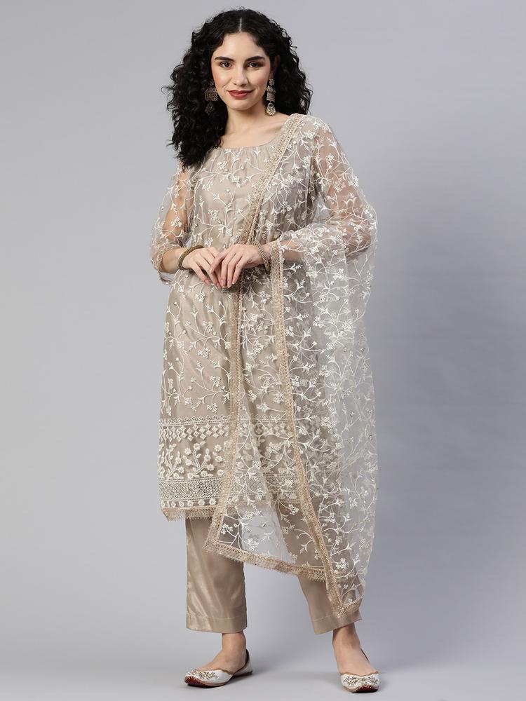 Readiprint Fashions Beige Embroidered Semi-Stitched Dress Material