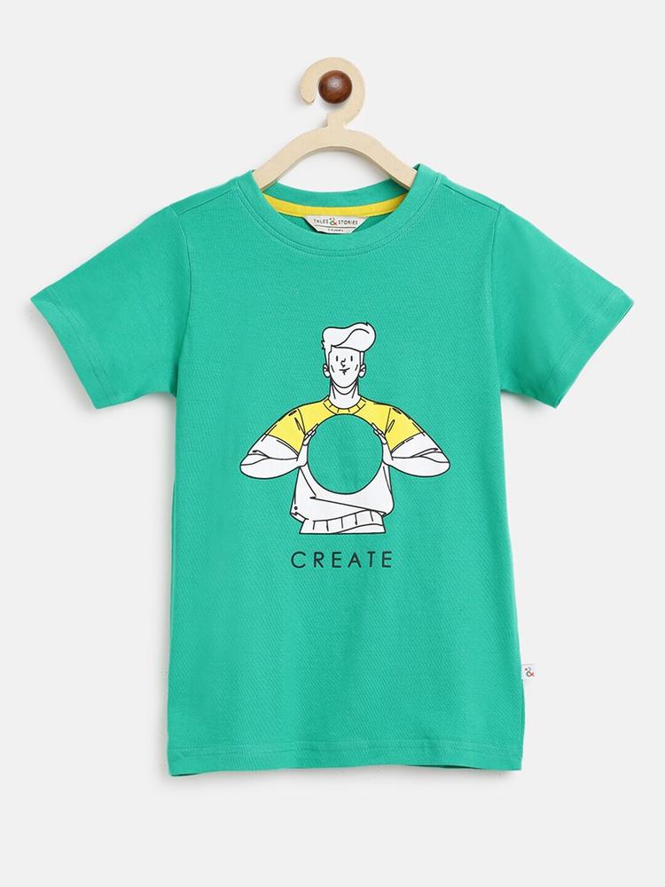 TALES & STORIES Boys Green Printed Cotton T-shirt