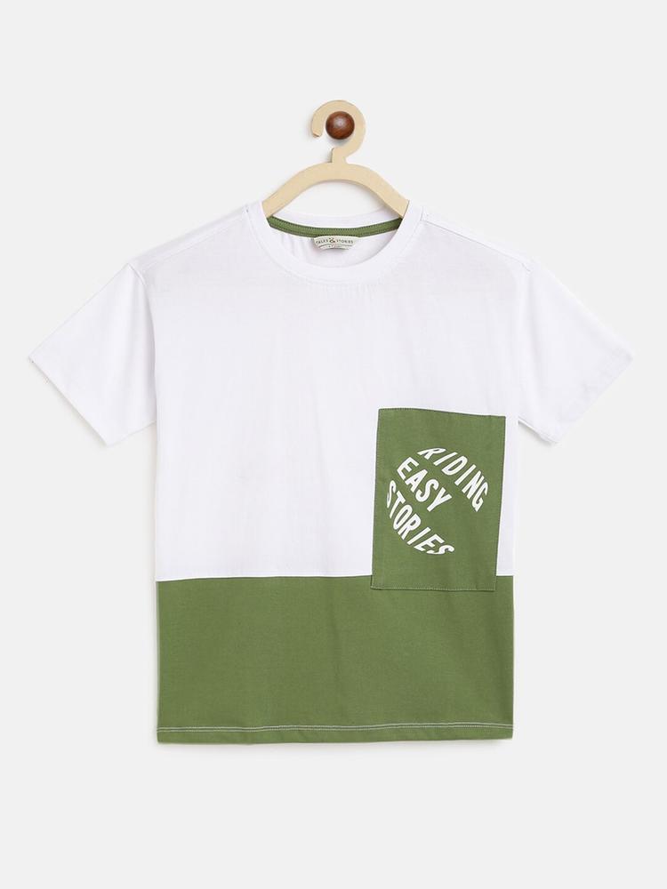 TALES & STORIES Boys White & Green Colourblocked Cotton  T-shirt
