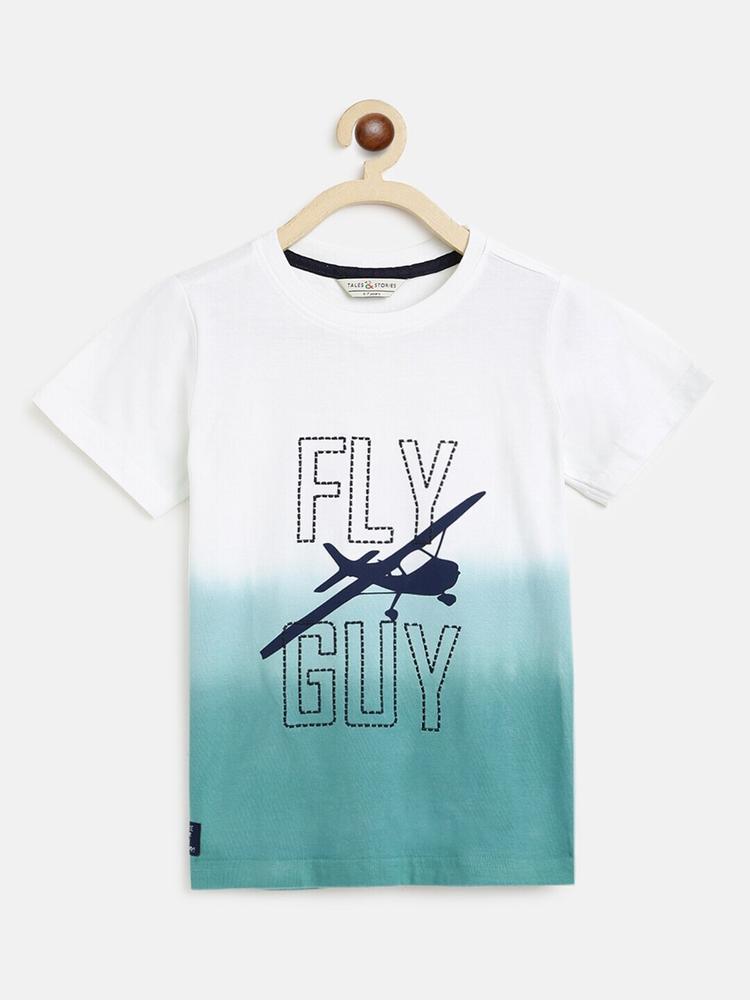 TALES & STORIES Boys Teal Typography Dyed T-shirt