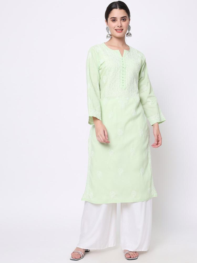 PARAMOUNT CHIKAN Women Green & White Embroidered Chikankari Cotton Straight Kurta