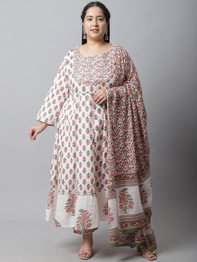 Rajnandini Plus Size Women Printed Pure Cotton Anarkali Kurta with Trousers & With Dupatta