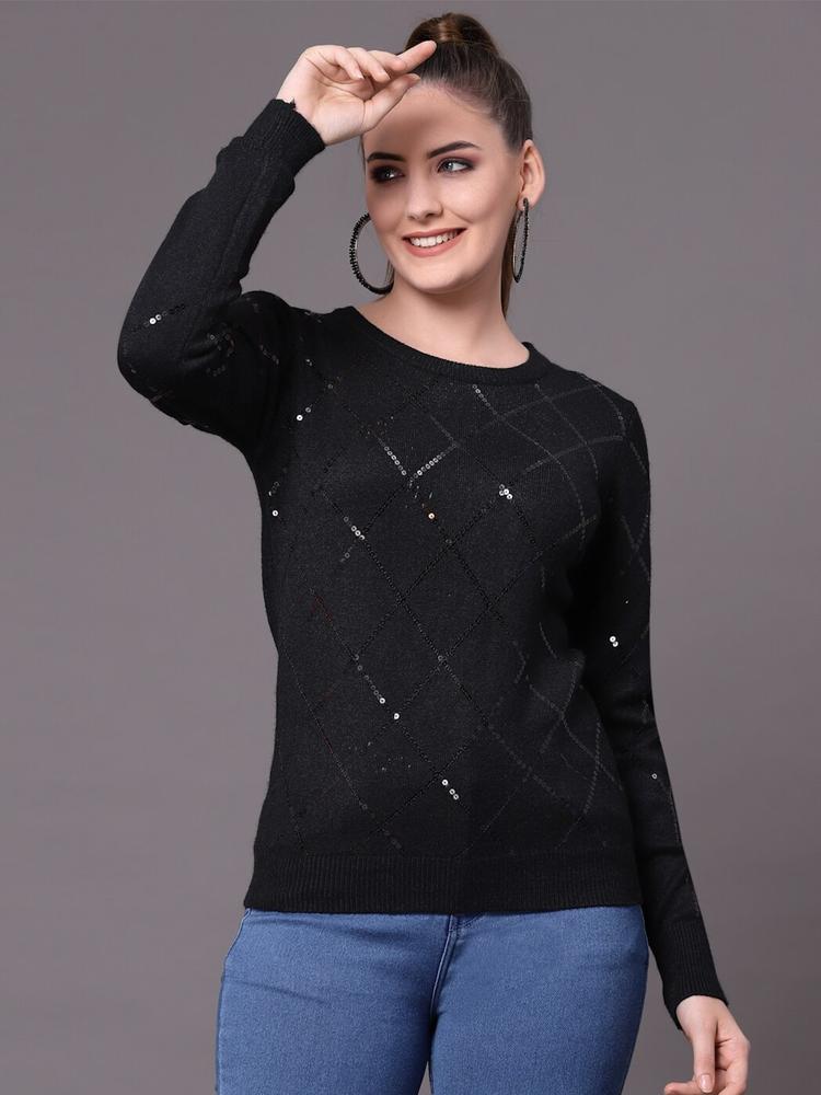 Mafadeny Women Black Embroidered Pullover with Embellished Detail