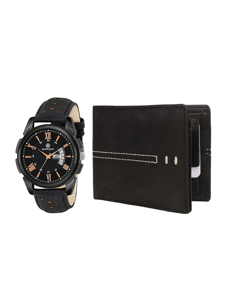 MARKQUES Men Black Solid Leather Accessory Gift Set