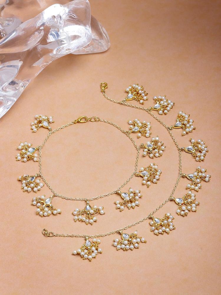 DUGRISTYLE Gold-Plated White Kundan-Studded & Beaded Anklets