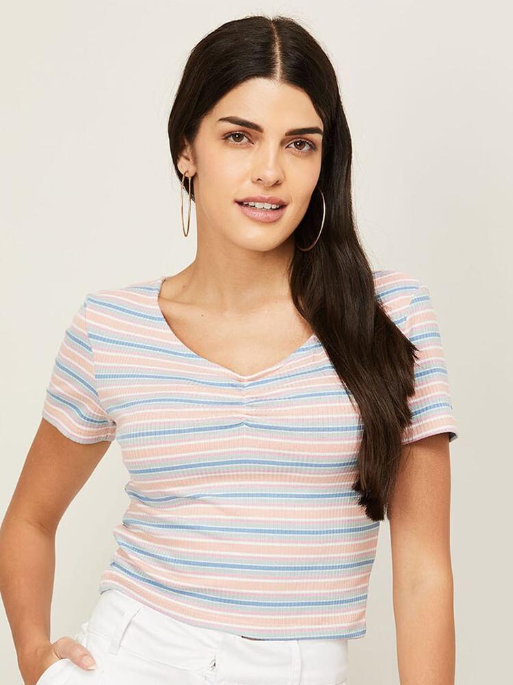 Ginger by Lifestyle Women Pink & Blue Striped Crop Top