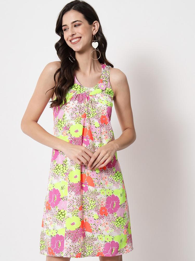 PURYS Pink & Yellow Floral Printed Crepe A-Line Dress