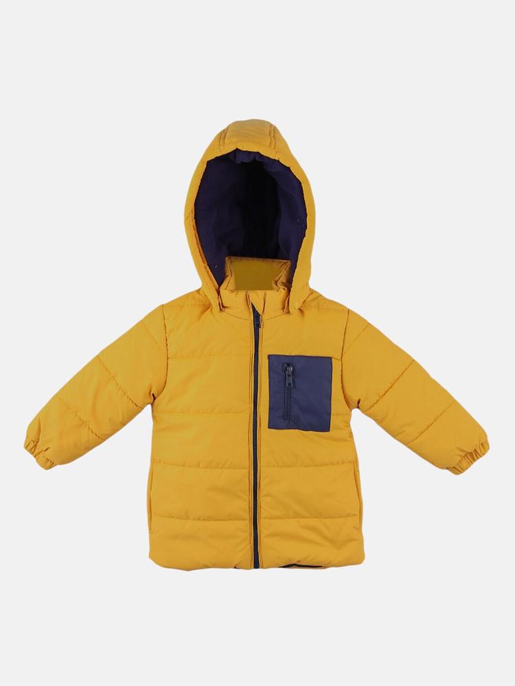 Beebay Boys Mustard Yellow & Navy Blue Contrast Patch Pocket Hooded Puffer Jacket