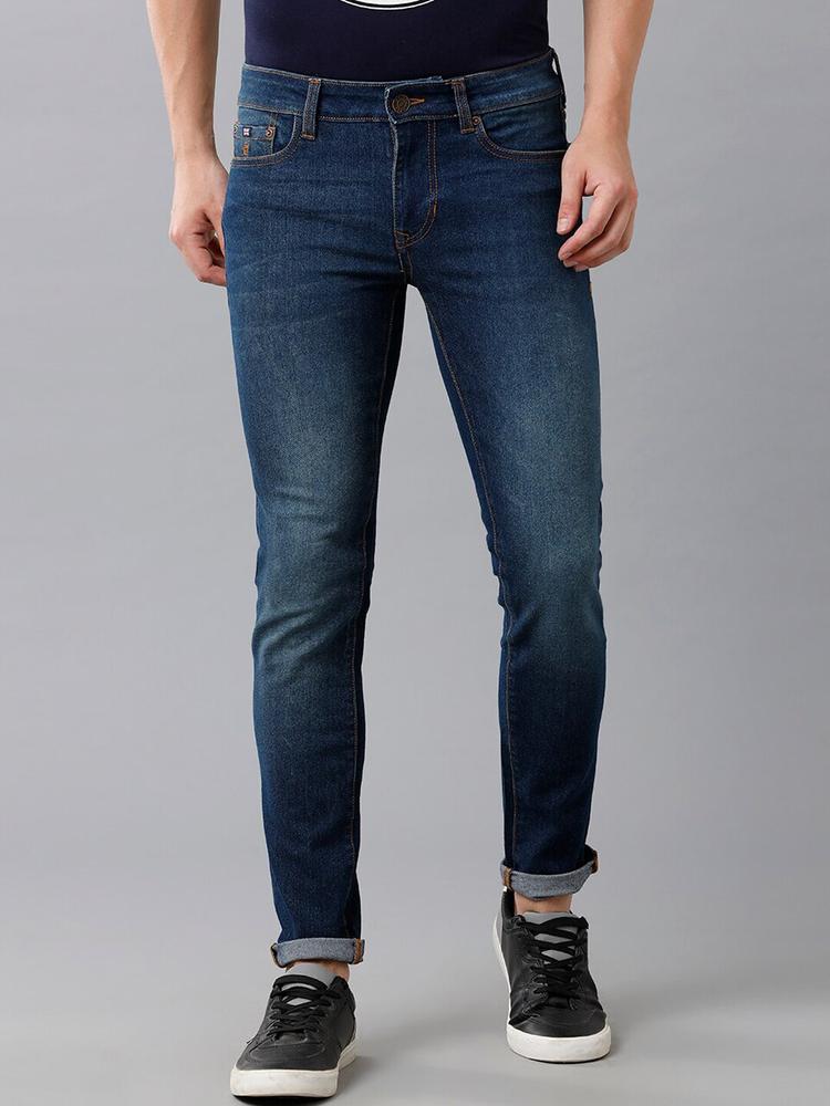 Double Two Men Blue Lean Slim Fit Low-Rise Light Fade Cotton Stretchable Jeans