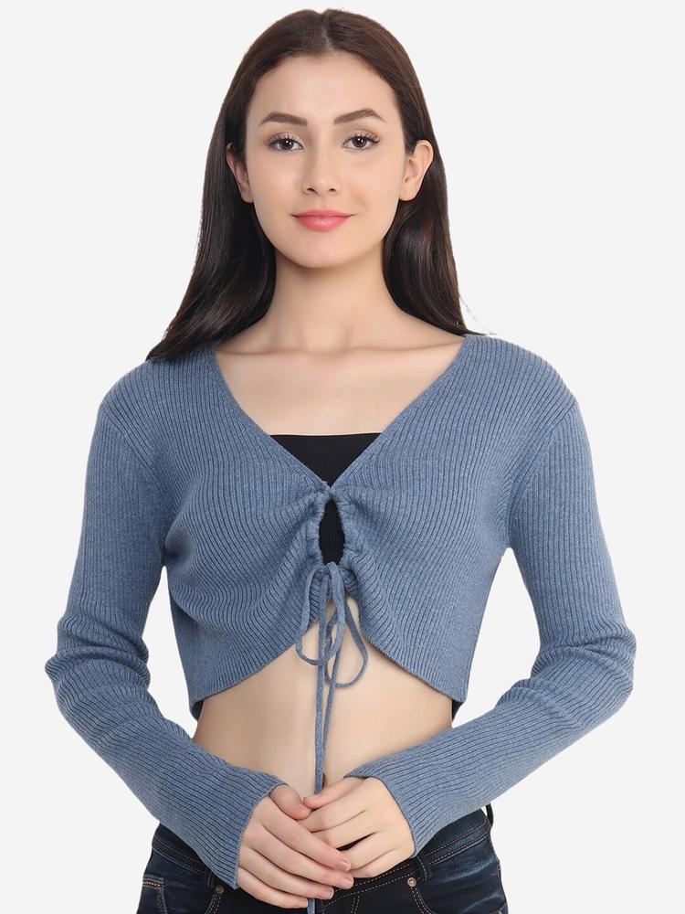 JoE Hazel Women Solid V-Neck Long Sleeves Crop Top
