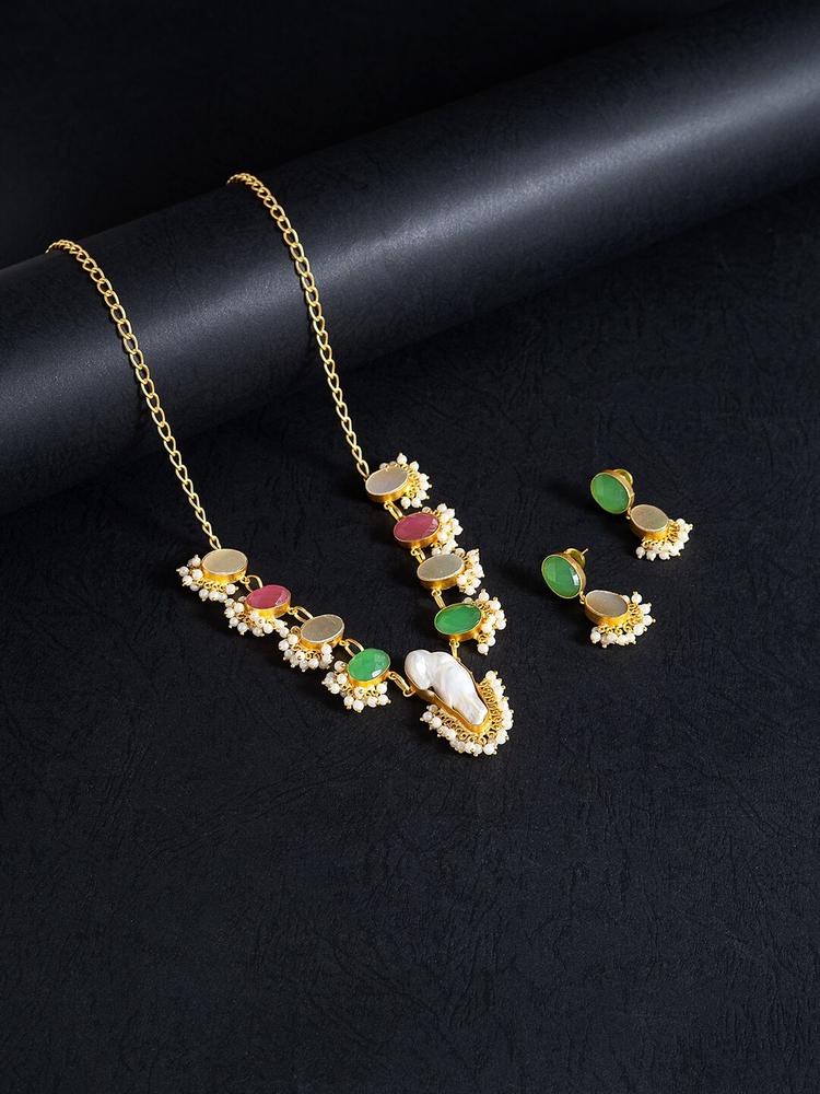Golden Peacock Gold-Toned & Green Mother Of Pearls Stones Studded Jewellery Set