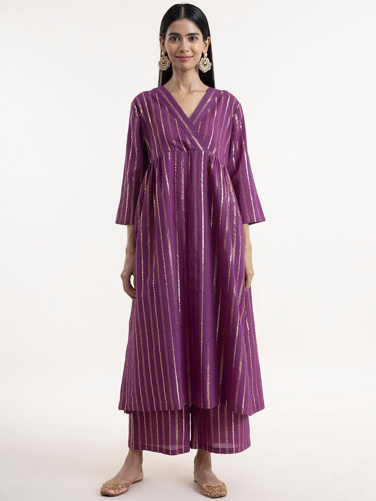 Marigold by FableStreet Women Purple Striped Angrakha Kurta with Palazzos