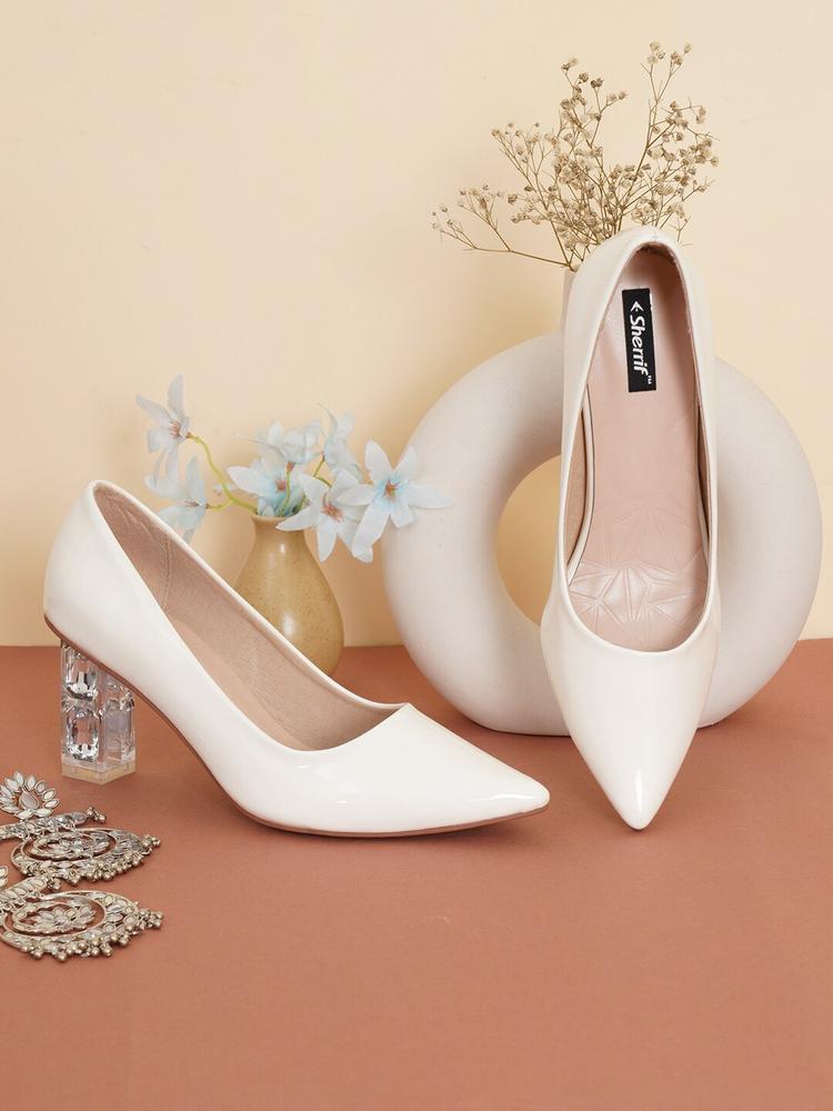 Sherrif Shoes Women White & Transparent Solid Pointed Toe Block Heels