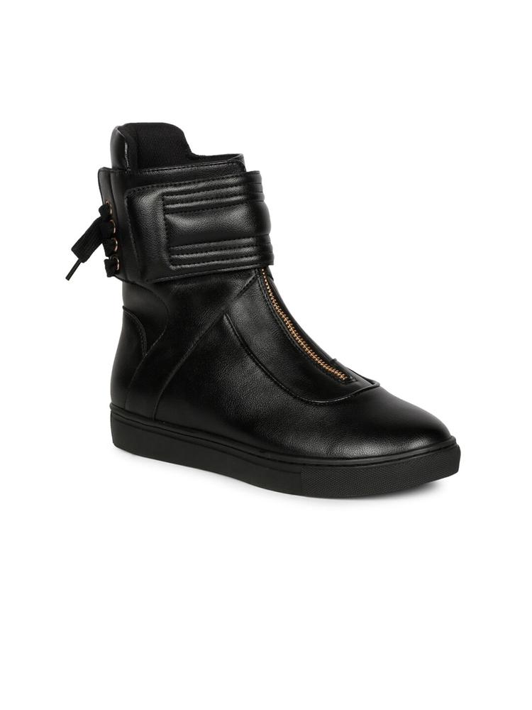 Saint G Black Leather Front Zipper Round Toe Mid-Top Regular Boots