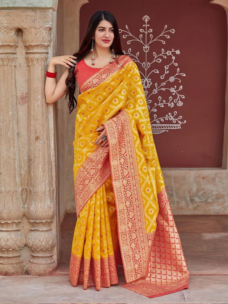 MONJOLIKA FASHION Yellow & Red Woven Design Zari Silk Blend Ready to Wear Banarasi Saree