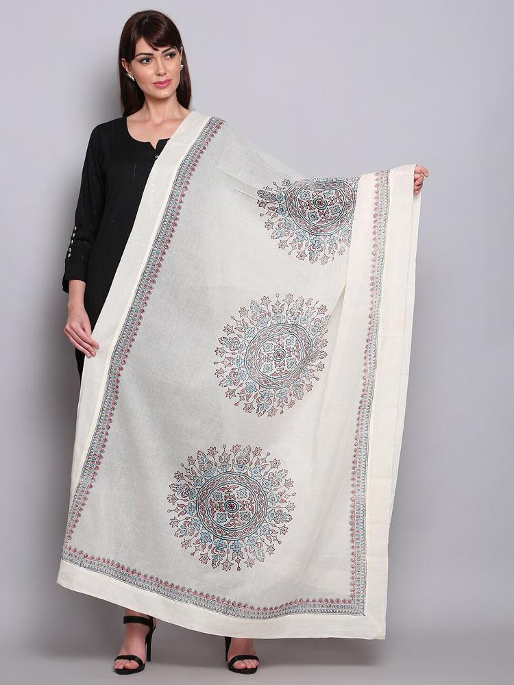 Miaz Lifestyle Off White & Blue Ethnic Motifs Printed Pure Cotton Block Print Dupatta with Kantha Work