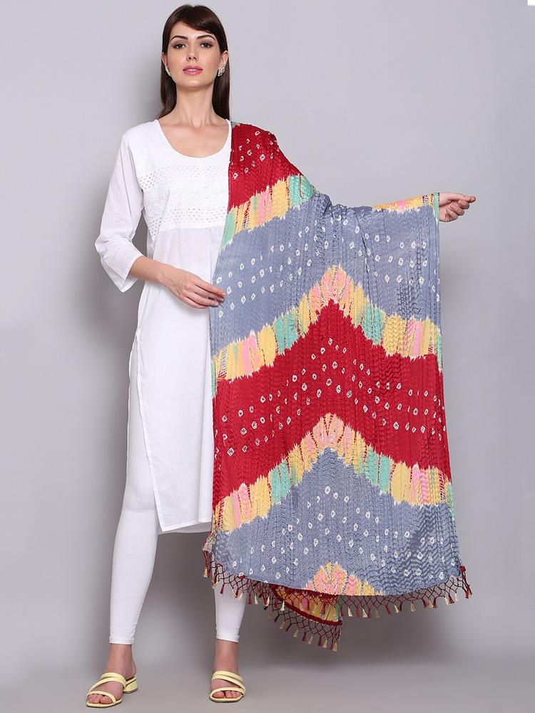 Miaz Lifestyle Red & Blue Printed Bandhani Dupatta with Beads and Stones