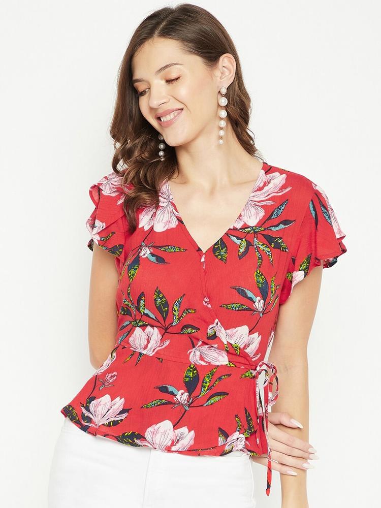 PURYS Red Floral Print Tropical Crepe Cinched Waist Top