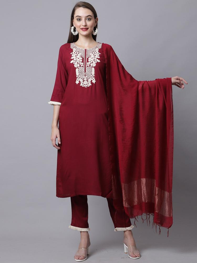 Rajnandini Women Maroon Embroidered Pure Cotton Kurta with Trousers & Dupatta