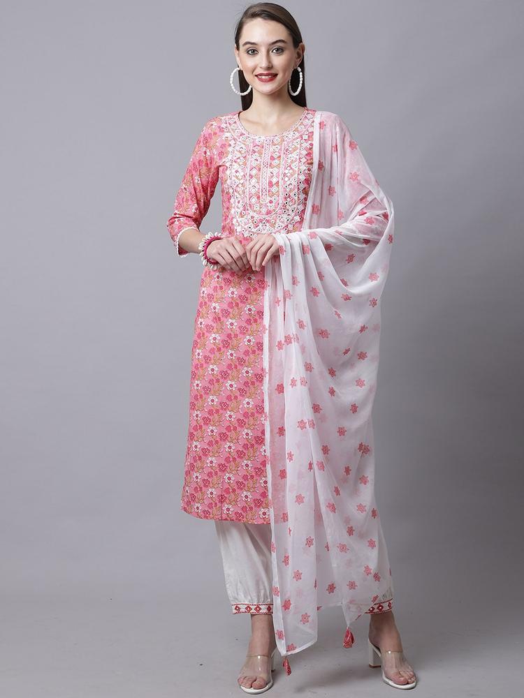 Rajnandini Women Pink Mirror Work Pure Cotton Kurta with Trouser & With Dupatta Set