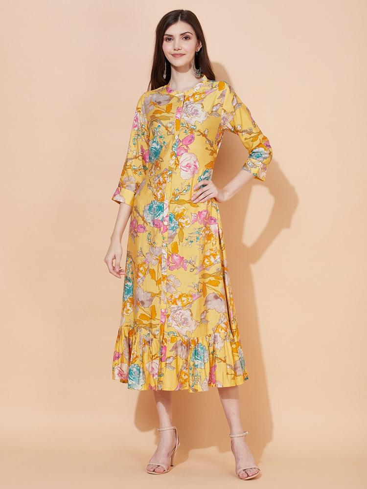 FASHOR Women Yellow Floral A-Line Midi Dress