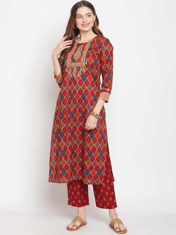 Be Indi Women Maroon Printed Thread Work Pure Cotton Kurta with Trousers