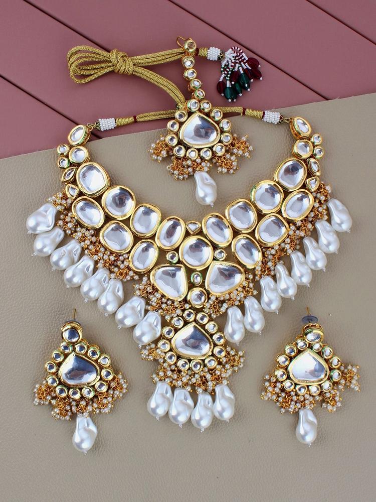 LUCKY JEWELLERY White 18K Gold-Plated Kundan Jewellery Set