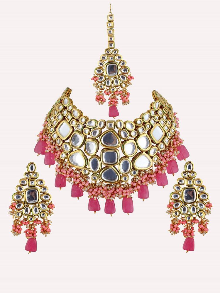 LUCKY JEWELLERY Gold-Plated & Pink Kundan Jewellery Set