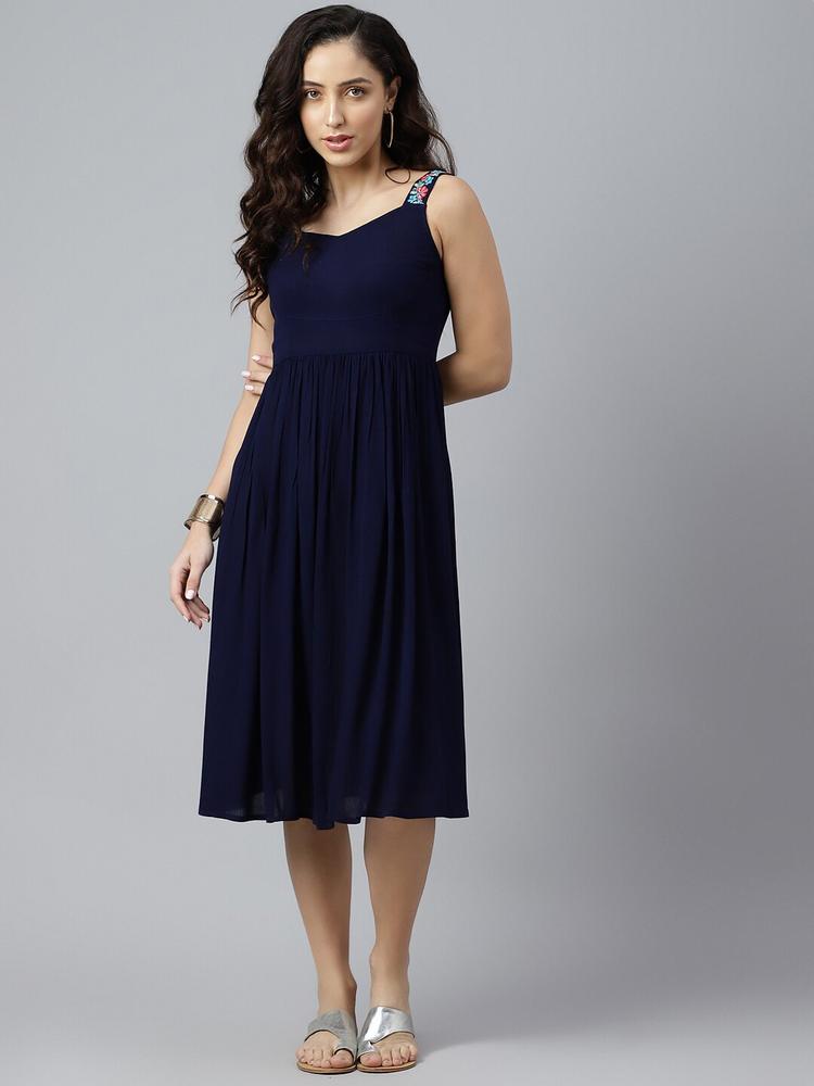 SIAH Women Navy Blue Embroidered Strap A-Line Midi Dress