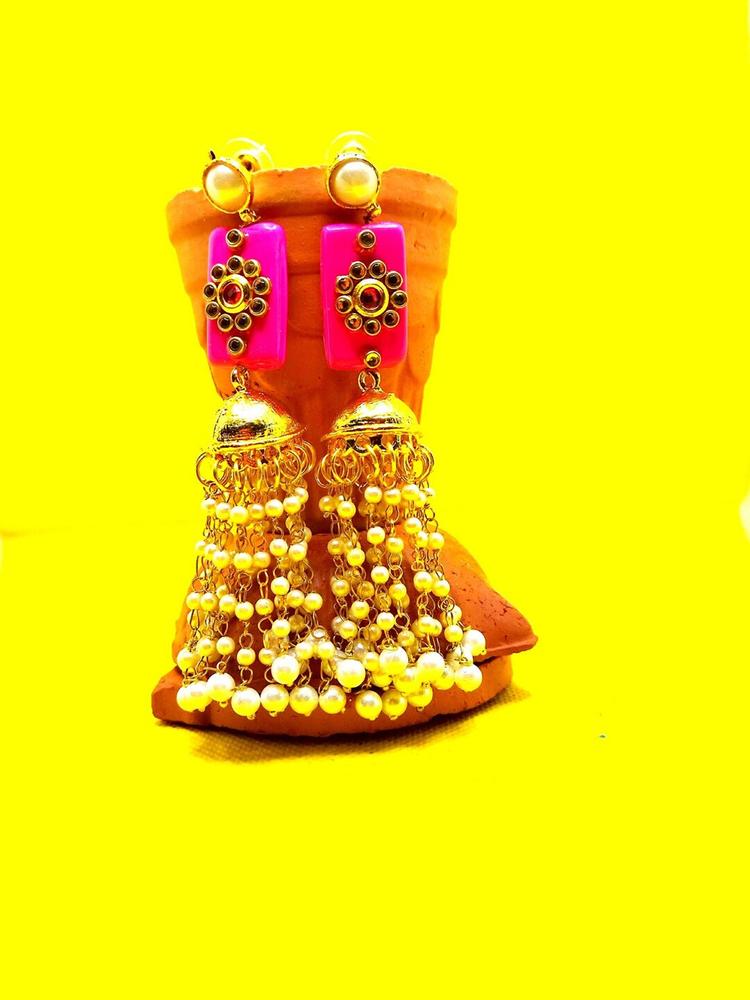 Kshitij Jewels Pink & Gold-Toned Contemporary Jhumkas Earrings