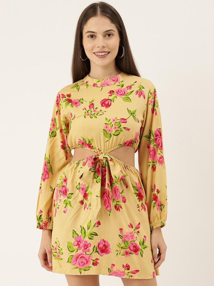 The Dry State Yellow & Pink Floral Fit and Flare Dress
