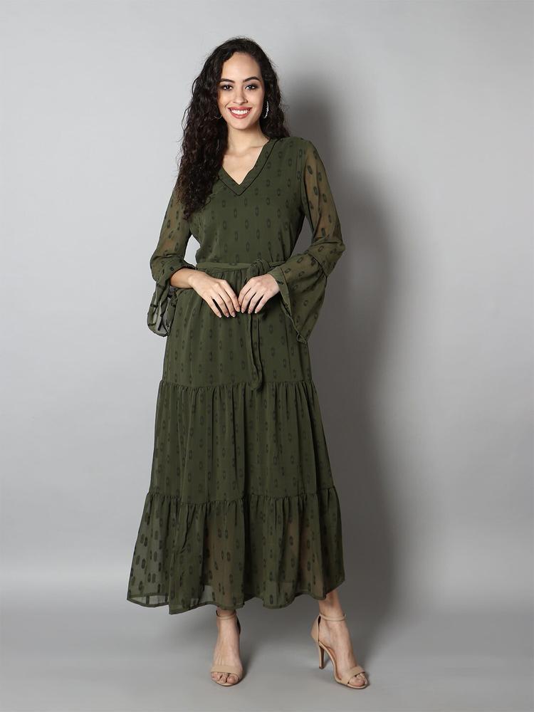 MINGLAY Women Dark Green V-Neck Chiffon Maxi Dress
