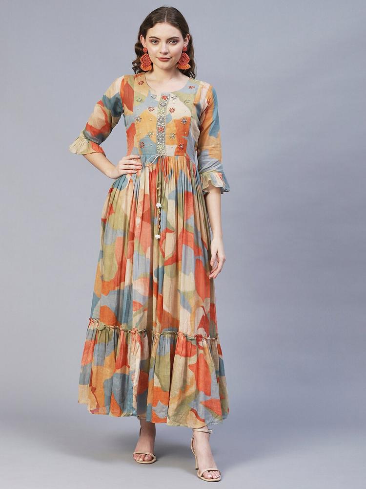 FASHOR Women Red & Yellow Printed & Embroidered Flared Maxi Dress
