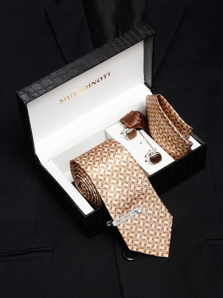 MUTAQINOTI Men Beige Polyester Formal Neck Tie Accessory Gift Set