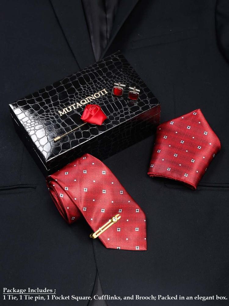 MUTAQINOTI Men Red & White Formal Tie Accessory Gift Set