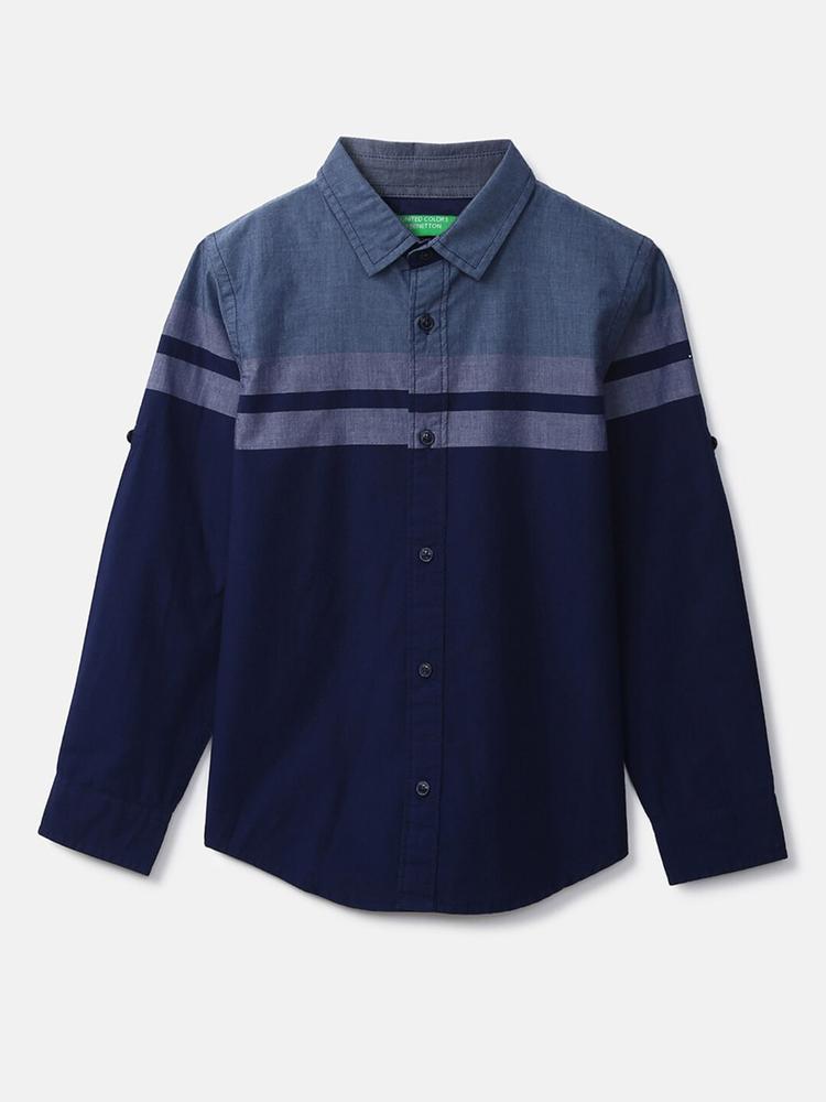 United Colors of Benetton Boys Navy Blue Horizontal Striped Cotton Casual Shirt