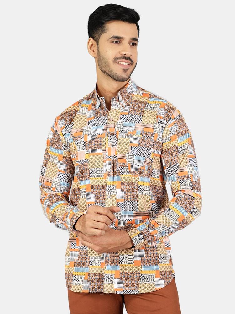 Wintage Men Beige & Blue Classic Printed Pure Cotton Casual Shirt